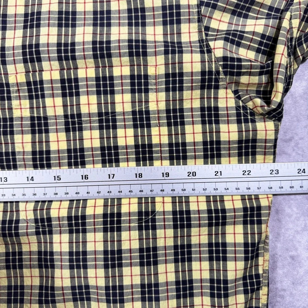 J. Crew Mens Plaid Button Down Shirt Medium Yellow Navy Blue Cotton Long Sleeve